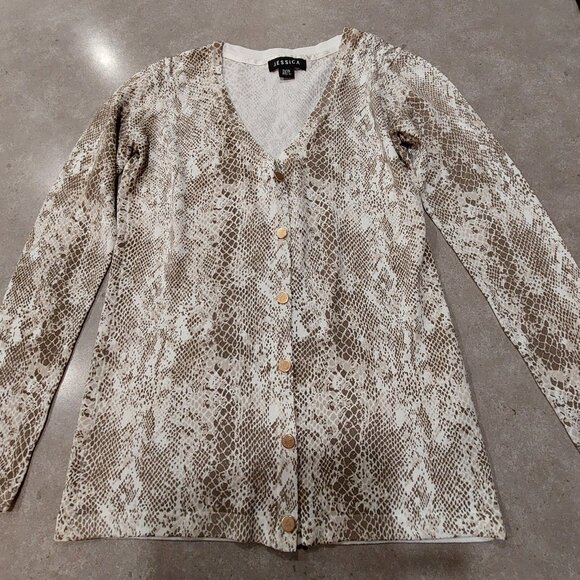 JESSICA Petite Women's Cream/Taupe Snakeskin Print Button Down L/S Cardigan XS - Picture 1 of 13